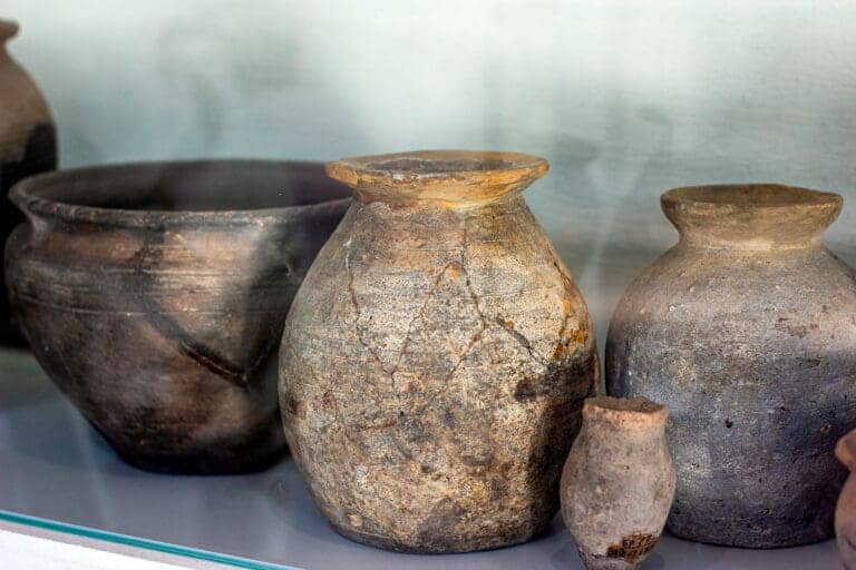 Old broken ancient handmade clay vases from archaeological excavations.