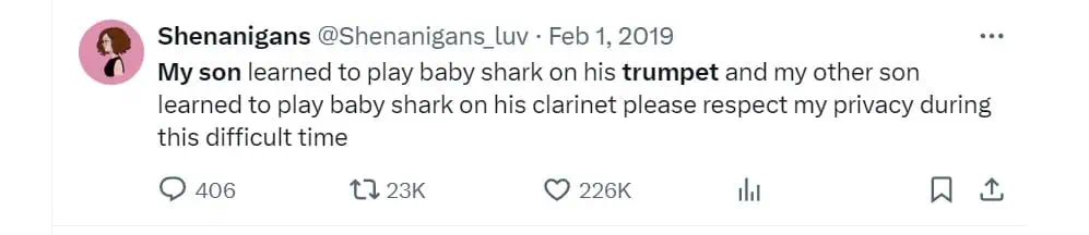 My son leamed to play baby shark on his trumpet and my other son learned to play baby shark on his clarinet please respect my privacy during this difficult time