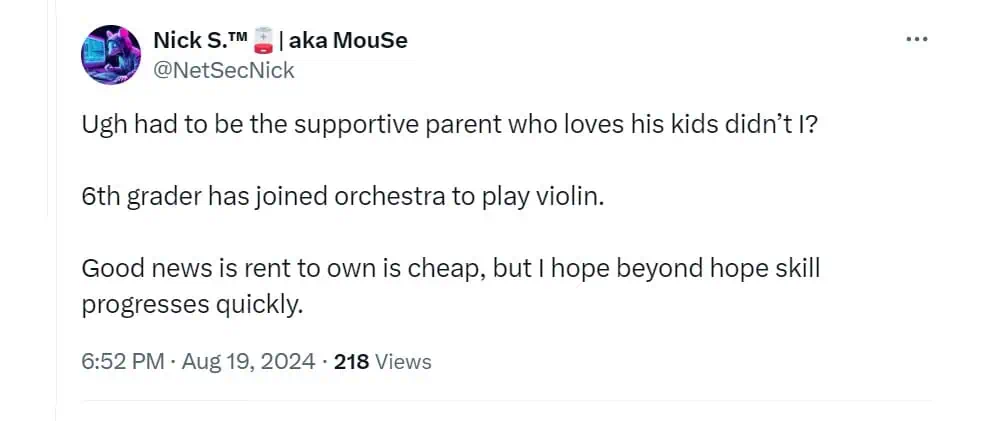 Ugh had to be the supportive parent who loves his kids didn't I? 6th grader has joined orchestra to play violin. Good news is rent to own is cheap, but I hope beyond hope skill progresses quickly.