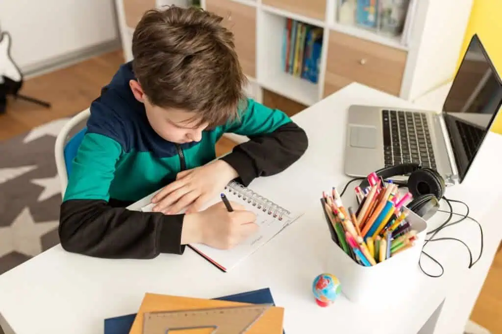 4th grader having video conference class during Covid-19 lockdown