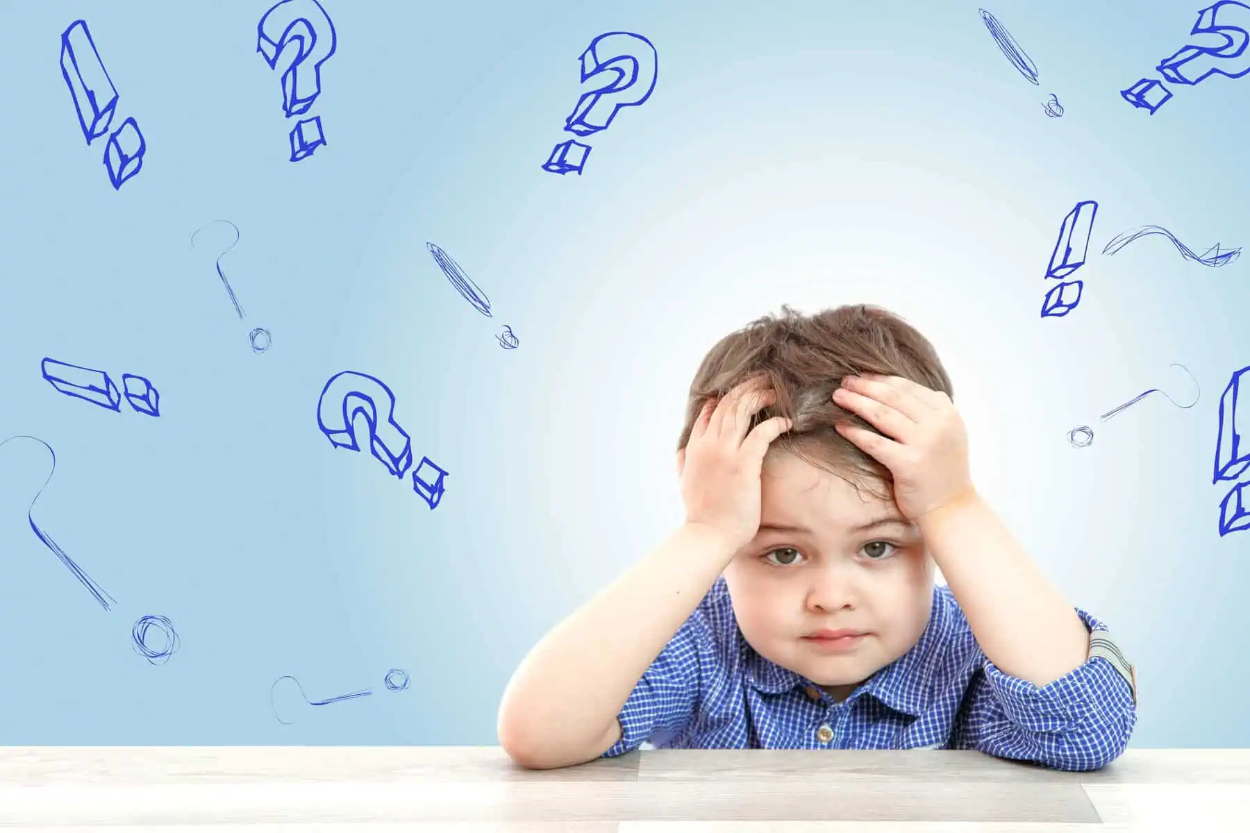 little cute boy and his questions on light background