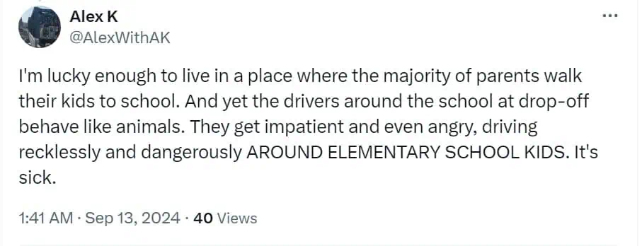 I'm lucky enough to live in a place where the majority of parents walk their kids to school. And yet the drivers around the school at drop-off behave like animals. They get impatient and even angry, driving recklessly and dangerously AROUND ELEMENTARY SCHOOL KIDS. It's sick.