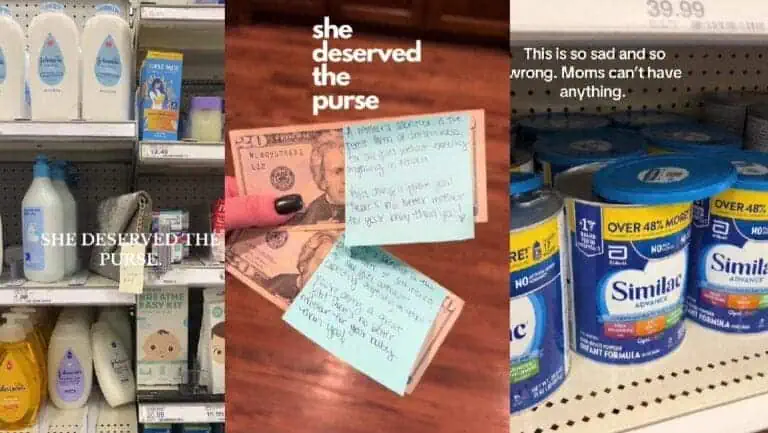 Photos show viral #shedeservedthepurse trend, in which moms sneak cash into baby products to help others