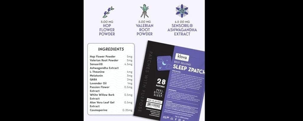 Klova sleep patches with 5 mg valerian root, 3 mg melatonin, 5 mg hops, and otehr ingredients