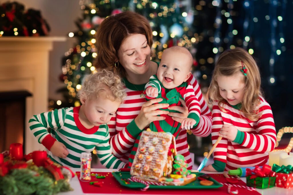 Family in matching Christmas pajamas