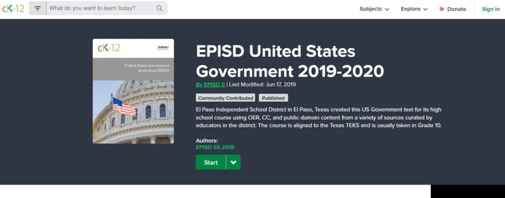Screenshot shows the EPISD United States Government textbook via CK-12