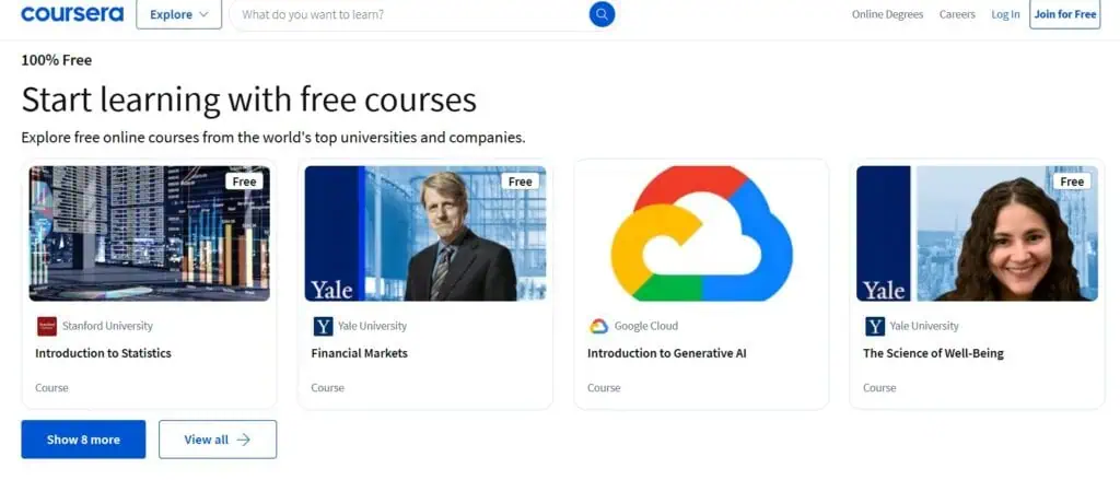 Screenshot shows a few of the courses available for free through Coursera