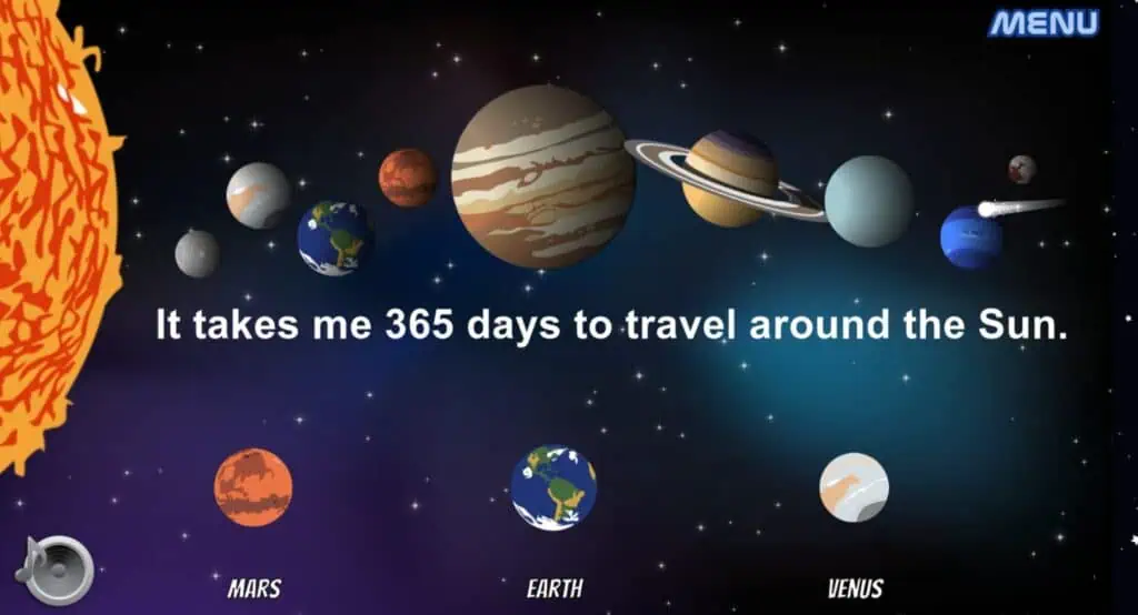 Screenshot shows a solar system game at the NASA website