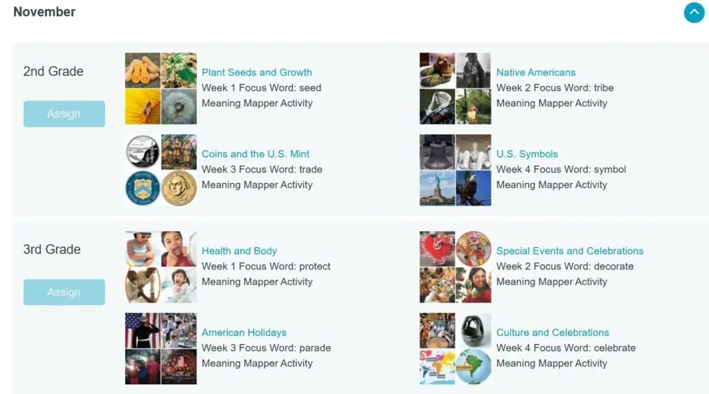 Screenshot shows November activities for 2nd and 3rd grade at ReadWorks