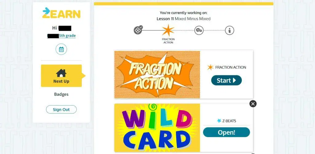 Image shows a xearn.org page offering 5th grade math assignments, including "fraction action" and "wild card"