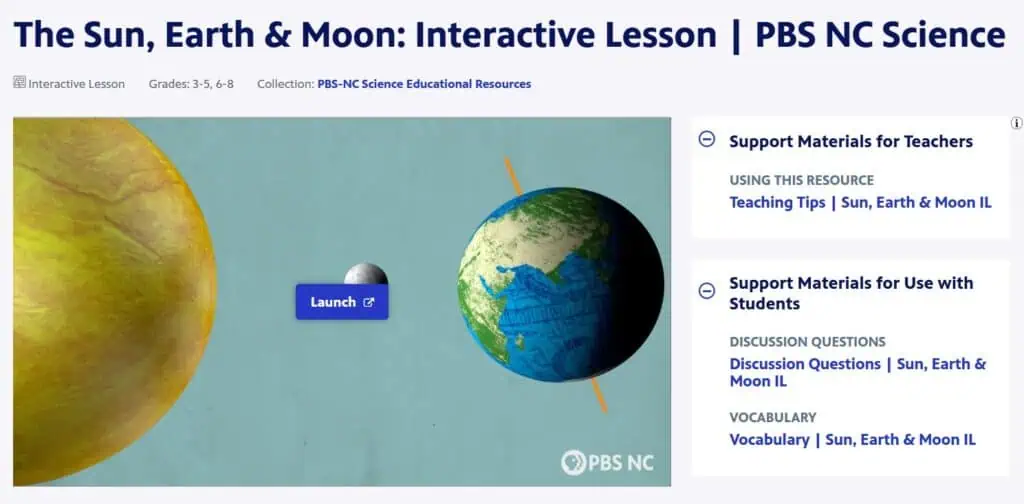 Screenshot shows a lesson on how the Earth, Sun, and Moon interact