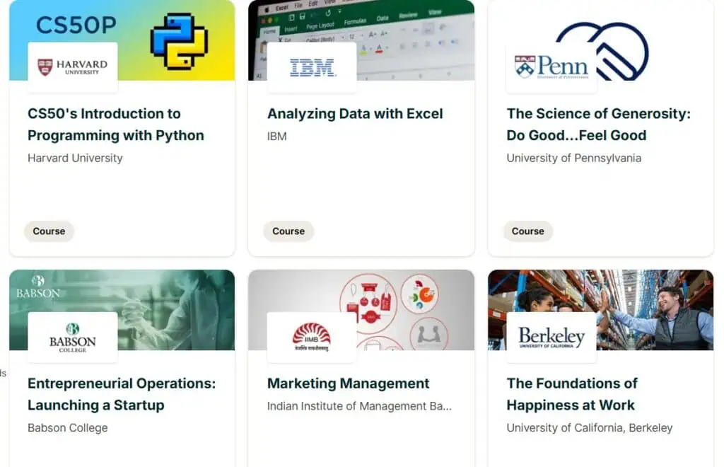Screenshot showing some of the courses currently available for free on EdX