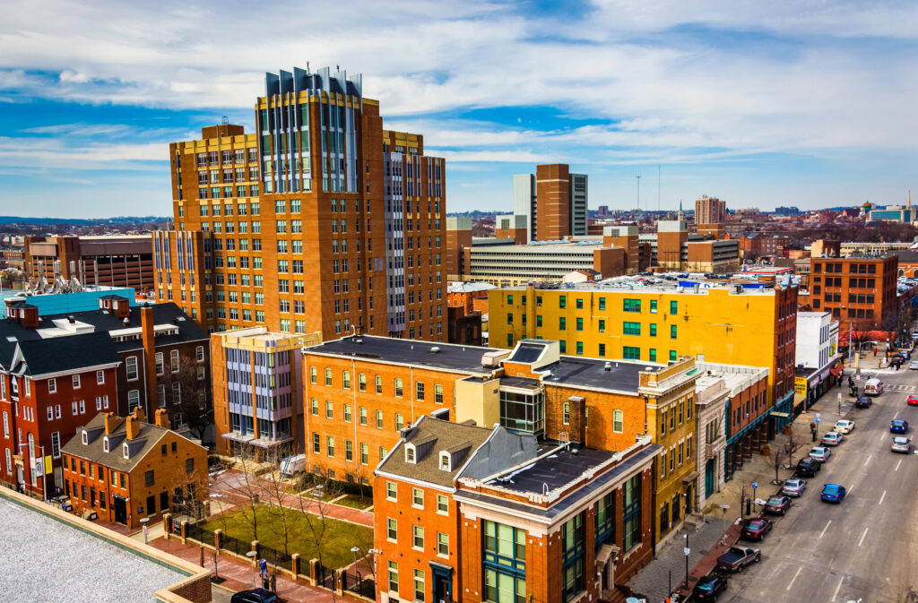 View of buildings at the University of Maryland from a parking g