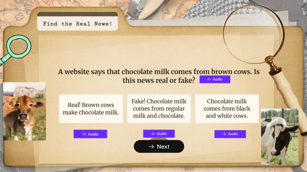 Does chocolate milk come from brown cows? Kids can choose yes, no, or that chocolate milk comes from black and white cows in this game by Judy Keller