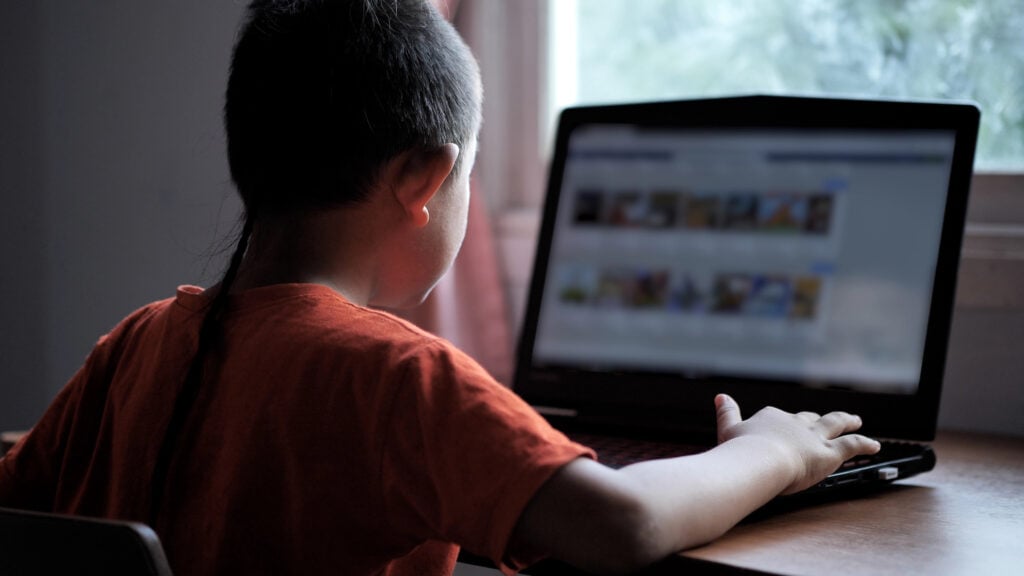 Asian boy 7 years old using laptop search Internet Information at home. Concept of technology in everyday life.