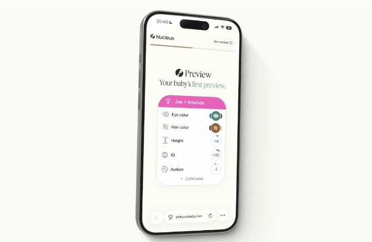 Phone screen shows genetic screening for eye color, hair color, height, IQ, and autism