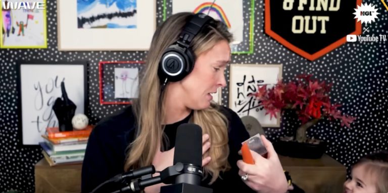 Kylie Kelce looks shocked as her daughter appears in corner of podcast screen