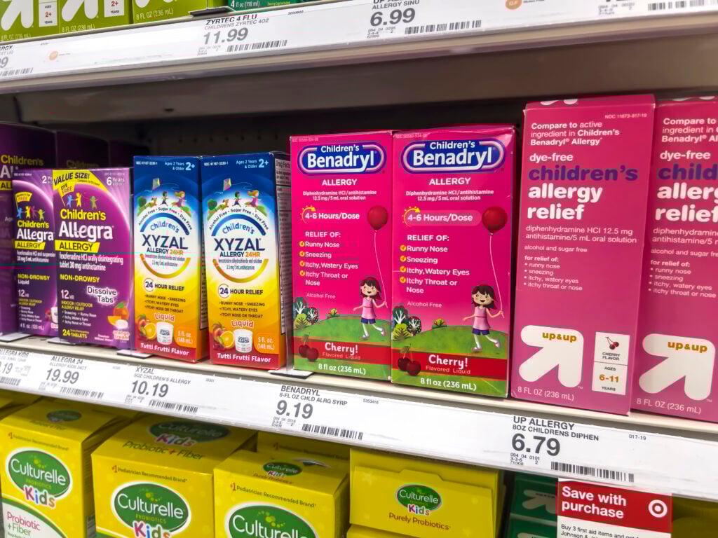 Lynnwood, WA USA - circa August 2022: Close up, selective focus on children's allergy medicine for sale inside a Target retail store