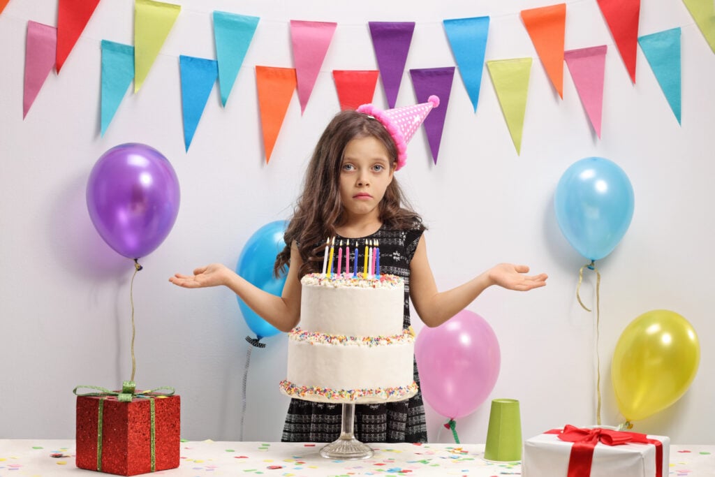 Disappointed girl with a birthday cake