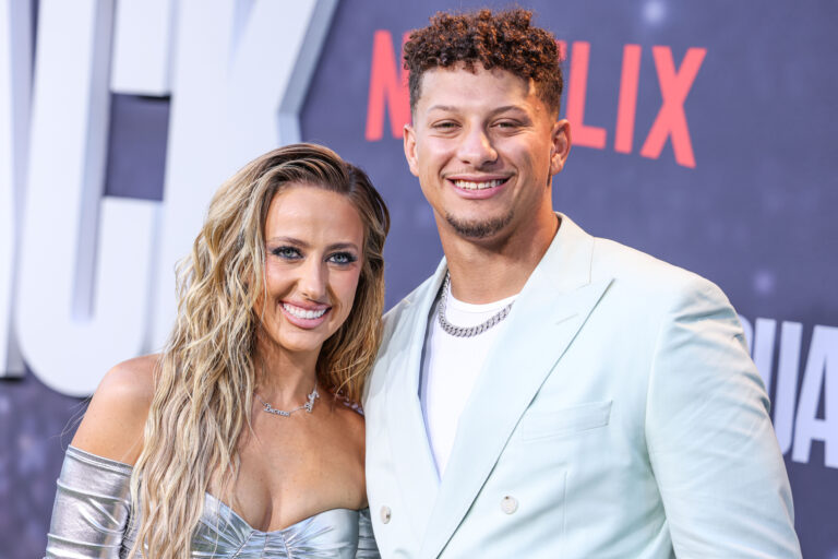 Brittany Mahomes and Patrick Mahomes arrive at the Los Angeles Premiere Of Netflix's 'Quarterback' Season 1 held at the Netflix Tudum Theater on July 11, 2023 in Hollywood, Los Angeles, California, United States.