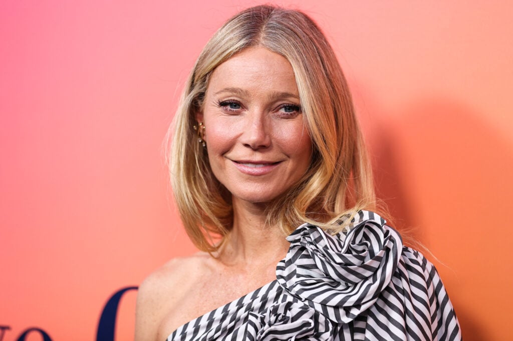 American actress Gwyneth Paltrow wearing Carolina Herrera arrives at the Veuve Clicquot 250th Anniversary Solaire Culture Exhibition Opening held at 468 North Rodeo Drive on October 25, 2022 in Beverly Hills, Los Angeles, California, United States.