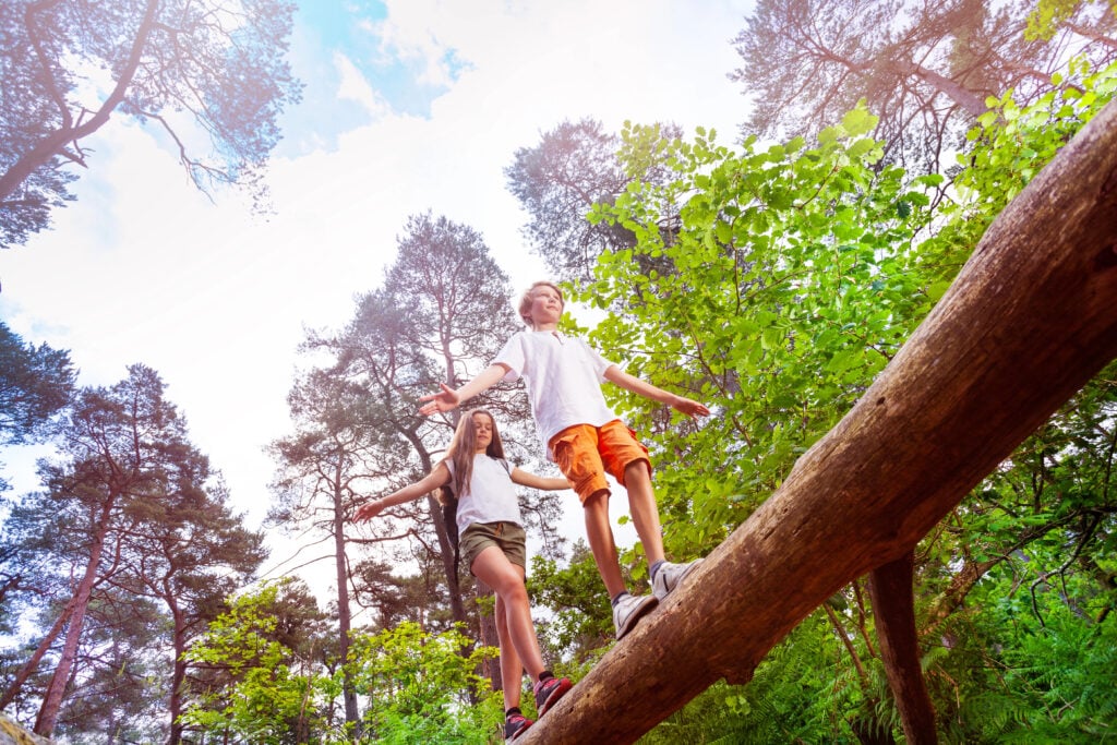 View from bellow of a boy and girl walking over big log high in the air holding balance with hands