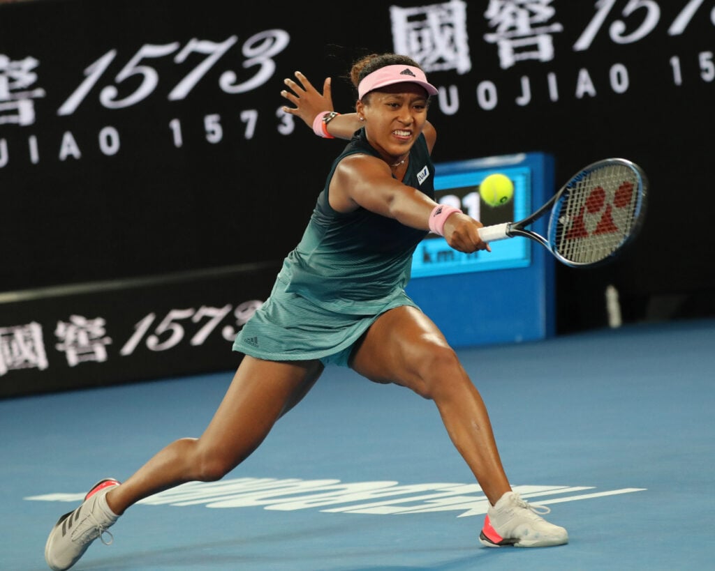 MELBOURNE, AUSTRALIA - JANUARY 24, 2019: Grand Slam champion Naomi Osaka of Japan in action during her semifinal match at 2019 Australian Open in Melbourne Park