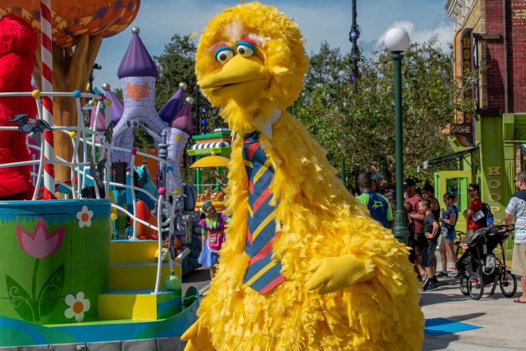 Orlando, Florida. October 29, 2019. Top view of Big Bird in Sesame Street Party Parade at Seaworld 1