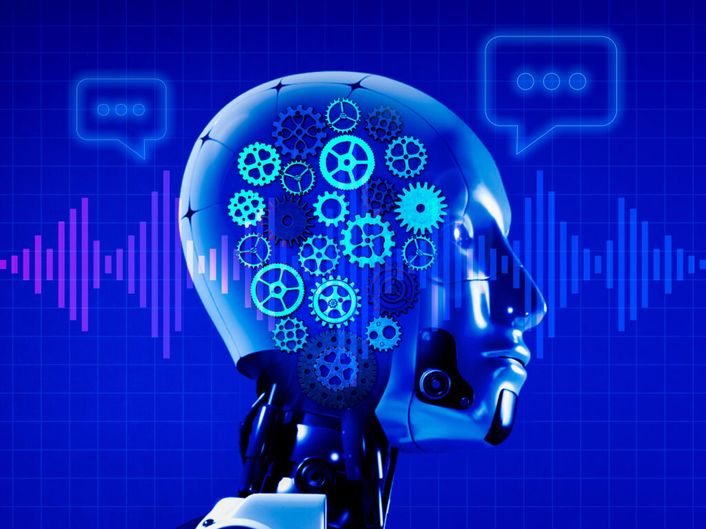 AI conversation for business concept, smart chat tools automation technology concept. Gears and cogwheels inside human robot head with digital voice sound wave processing on blue network background.
