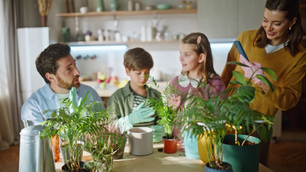 Joyful family repotting plants wearing gloves apartment living room closeup. Smiling father showing children how care houseplants moving flowers. Cheerful mother recording process smartphone indoors